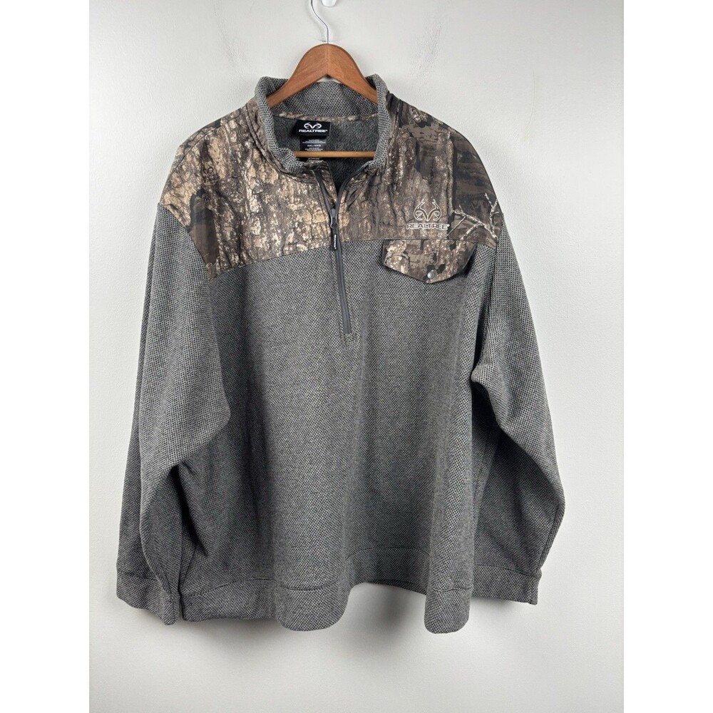 Realtree Pullover Mens 3XL Gray Camo 1/4 Zip Mock Neck Waffle Knit Hunting EUC